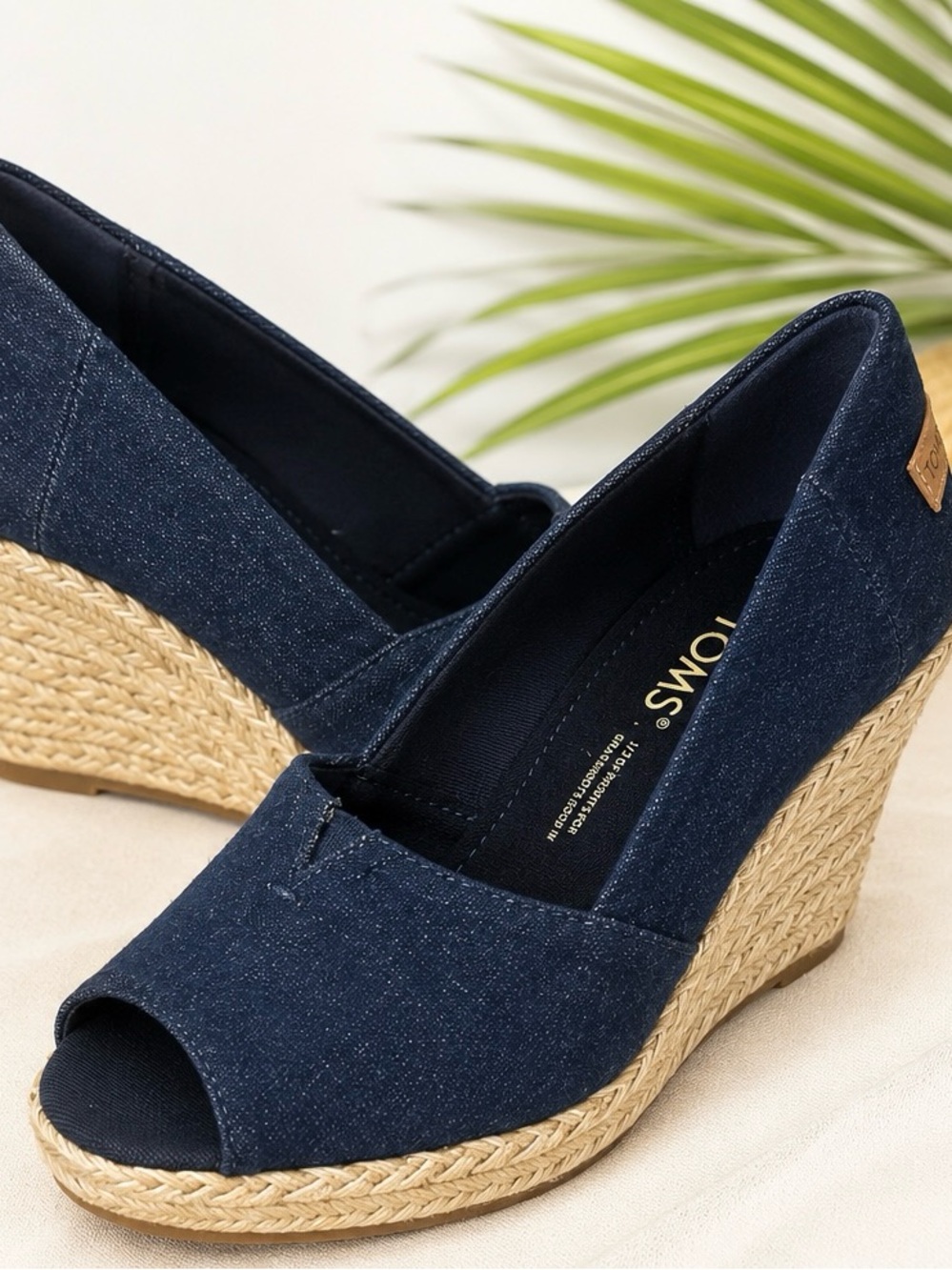 TOMS Women’s Navy Blue Open Toe Espadrille Wedge Heels Size 7.5 Denim Look